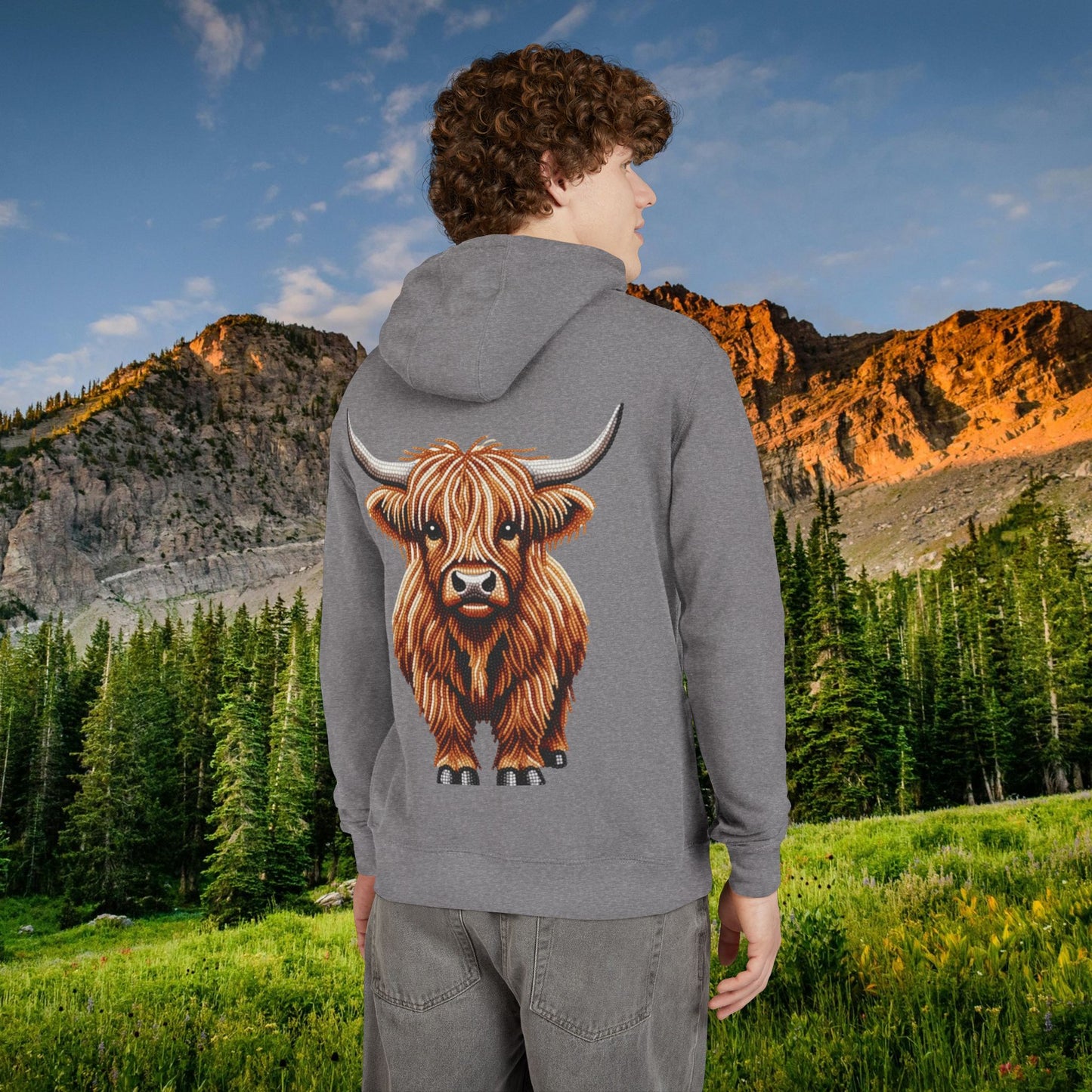 Shaggy Highland Cow "Beaded Print Hoodie