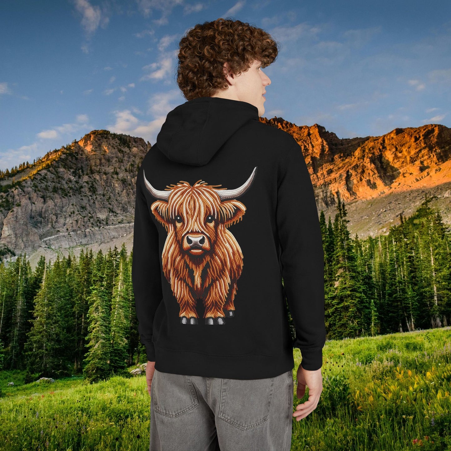 Shaggy Highland Cow "Beaded Print Hoodie
