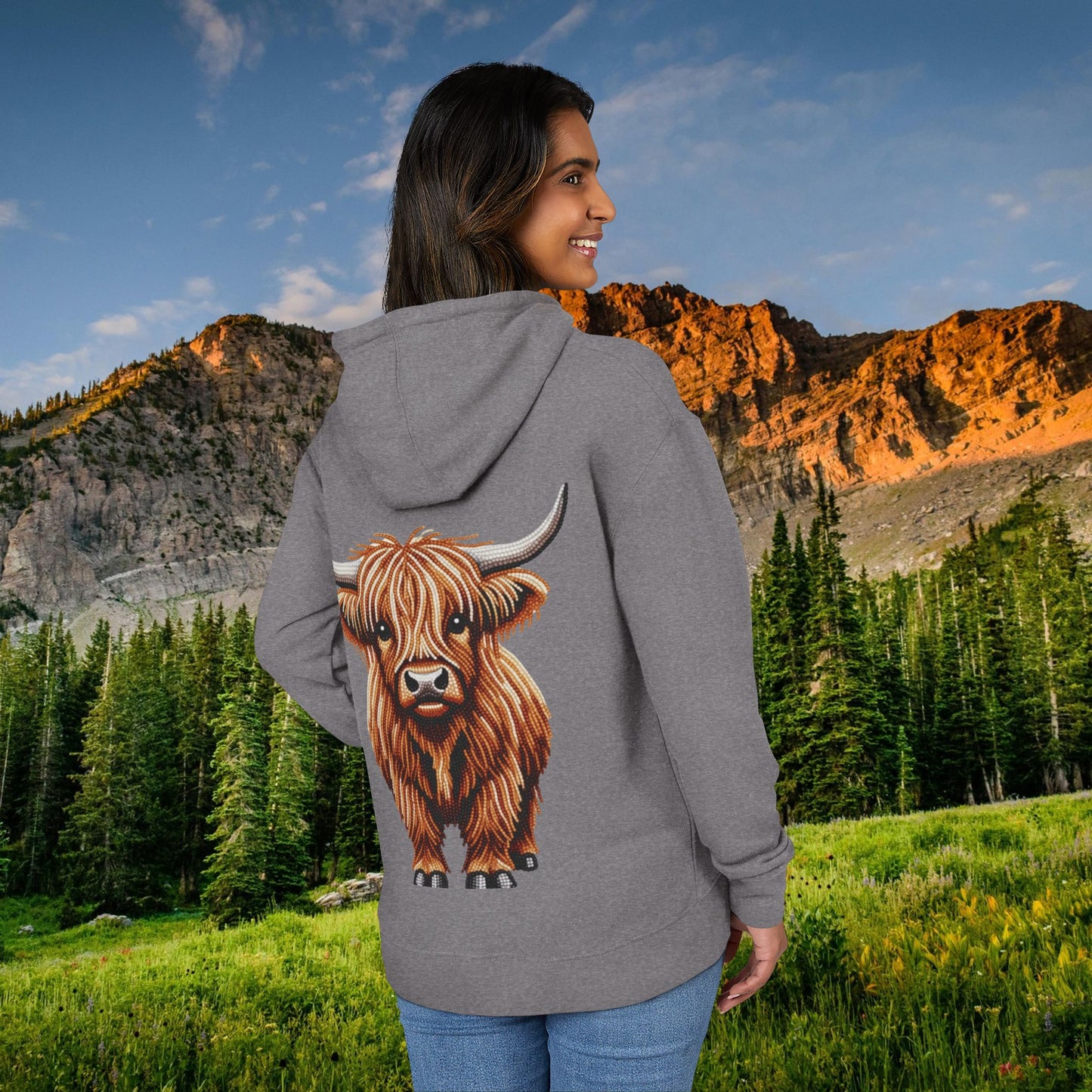 Shaggy Highland Cow "Beaded Print Hoodie