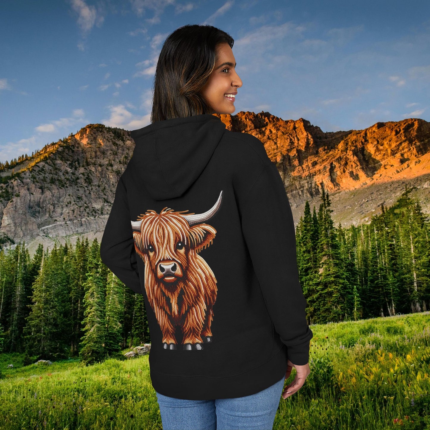 Shaggy Highland Cow "Beaded Print Hoodie