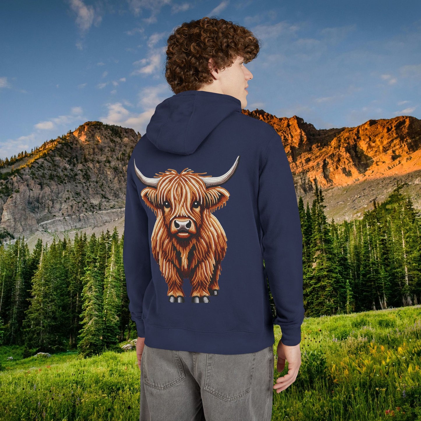 Shaggy Highland Cow "Beaded Print Hoodie