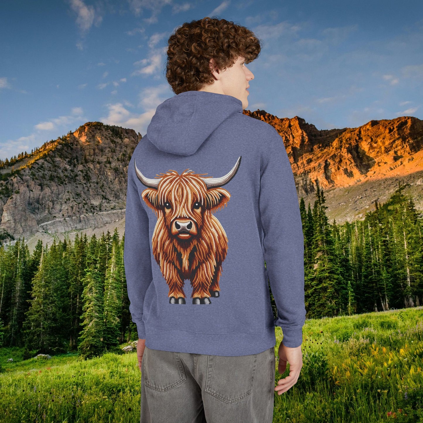 Shaggy Highland Cow "Beaded Print Hoodie