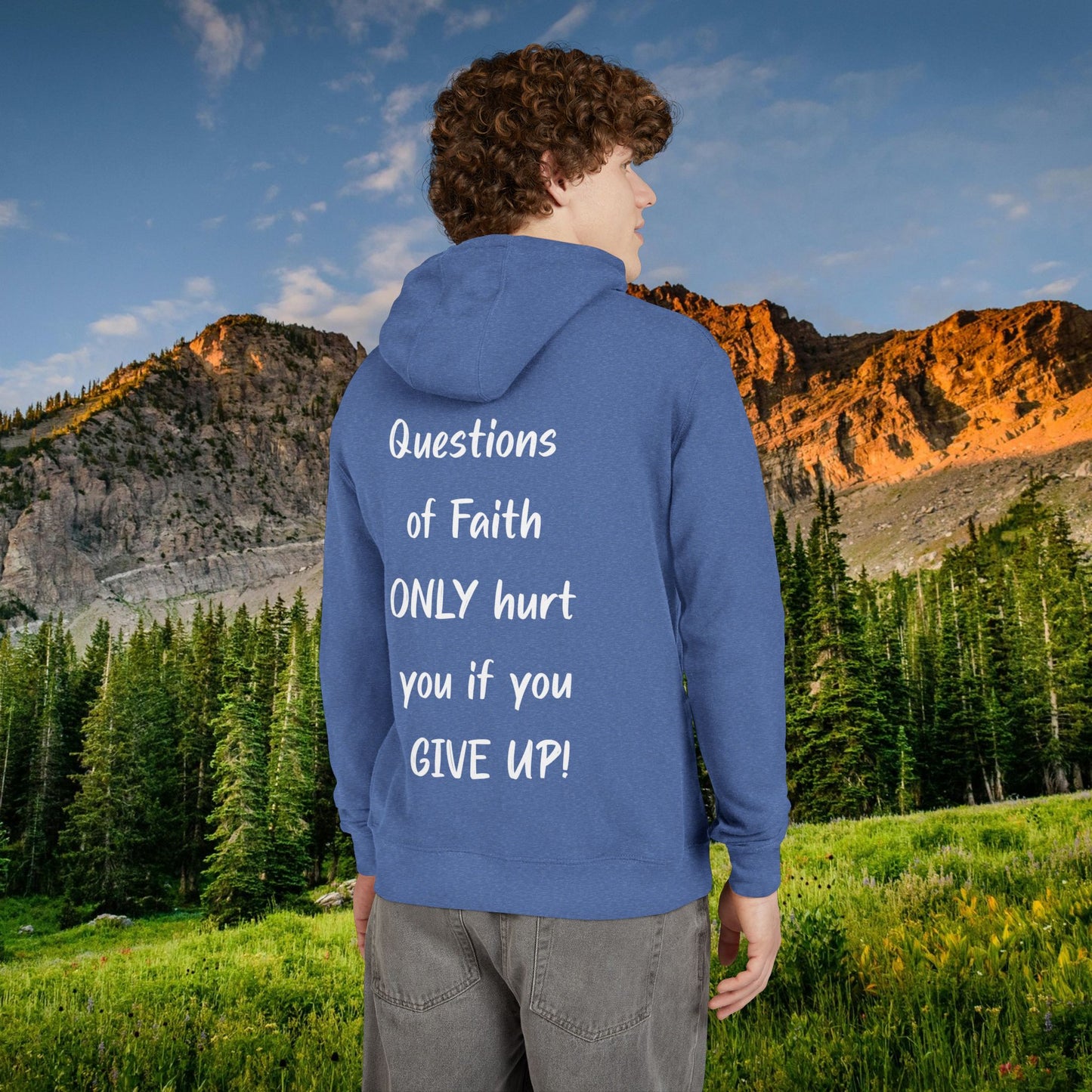 "Questions of Faith ONLY hurt you if you GIVE UP!" White Print Hoodie